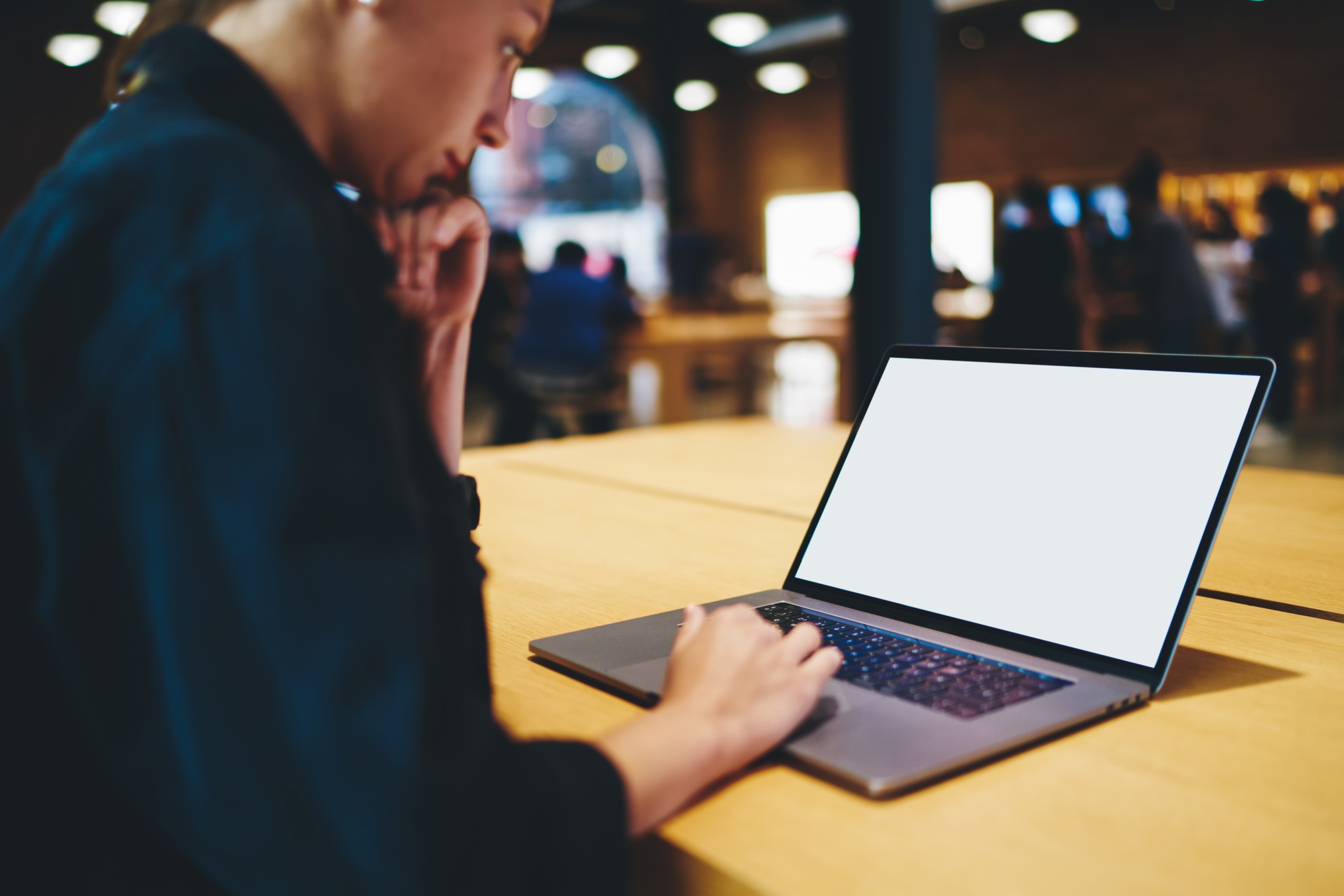 Woman searching web content on blank netbook with copy space area